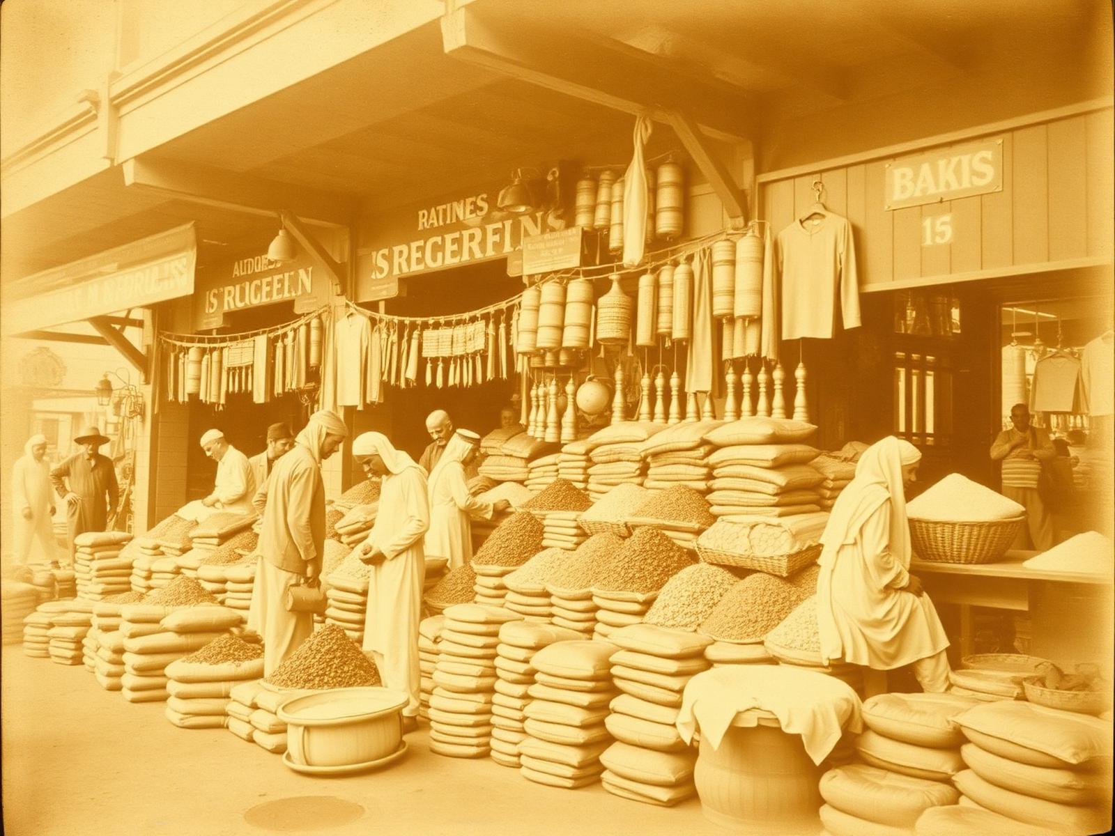 Archival photograph of an old spice market in Deira, Dubai, c. 1927